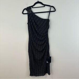David Meister Black & Silver Lacey One Shoulder Sheath Partry Dress 2 NEW $468
